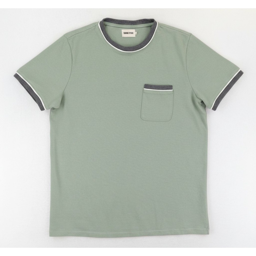Taylor Stitch Ringer Pocket T-Shirt Men's 42 Large Sage Green Pique Knit READ